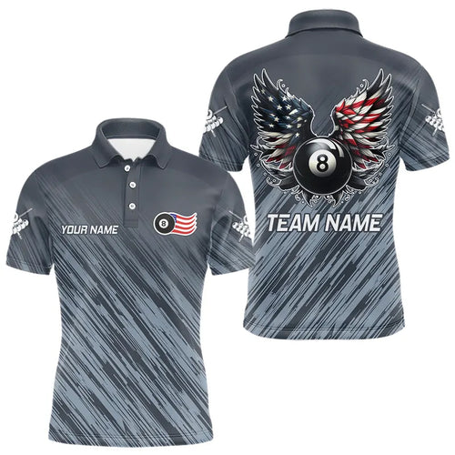 Personalized Funny 8 Ball Wings US Flag Grey Billiard Shirts For Men, Patriotic Billiard Jerseys TDM3603