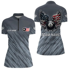 Load image into Gallery viewer, Personalized Funny 8 Ball Wings US Flag Grey Billiard Shirts For Women, Patriotic Billiard Jerseys TDM3603