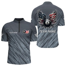 Load image into Gallery viewer, Personalized Funny 8 Ball Wings US Flag Grey Billiard Shirts For Men, Patriotic Billiard Jerseys TDM3603