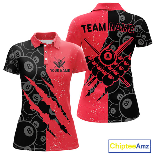 Custom Grunge Black And Red  8 Ball Billiard Shirt For Women, Pool Team Jersey Polo & 1/4 Zip TDM5961