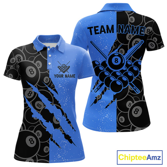 Custom Grunge Black And Blue 8 Ball Billiard Shirt For Women, Pool Team Jersey Polo & 1/4 Zip TDM5962