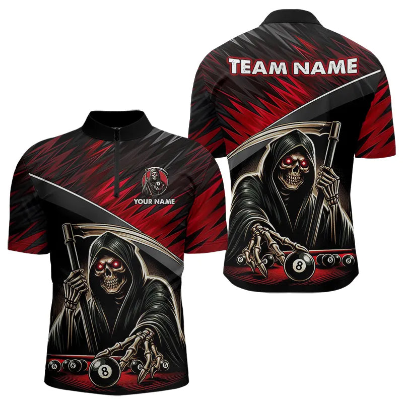 Red Grim Reaper 8 Ball Pool Billiard Shirts For Men Custom Billiard Team Jerseys Polo & 1/4 Zip TDM3760
