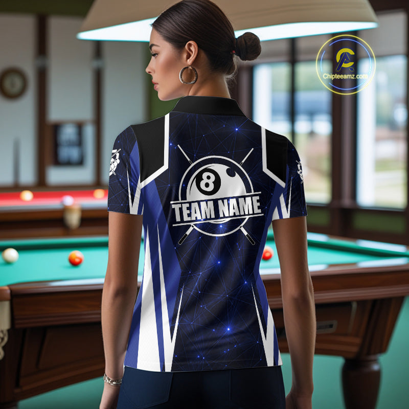 Custom 8 Ball Pool Billiard Shirt For Women, Blue Geometric Billiard Team Jersey Polo & 1/4 Zip TDM6130