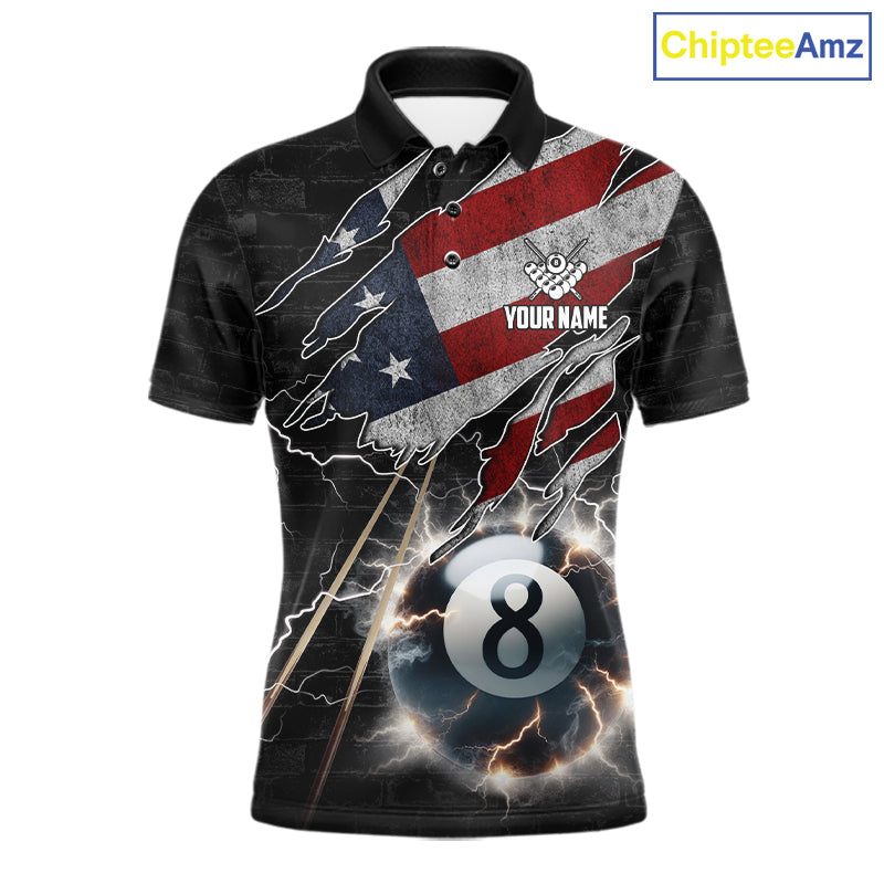 American Flag Lightning 8 Ball Billiard Pool Polo Shirt Featuring a Patriotic Custom Design for Pool League Players, Team Matches, and Tournament Play