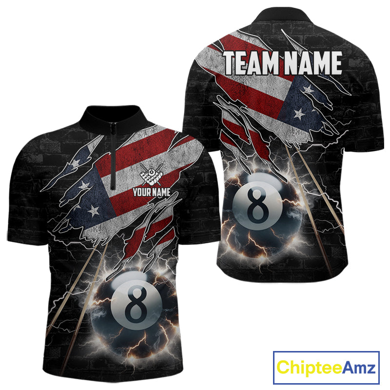 American Flag Lightning 8 Ball Quarter Zip Billiard Shirt Created for Pool League Teams with Patriotic Artwork and Performance Jersey Design