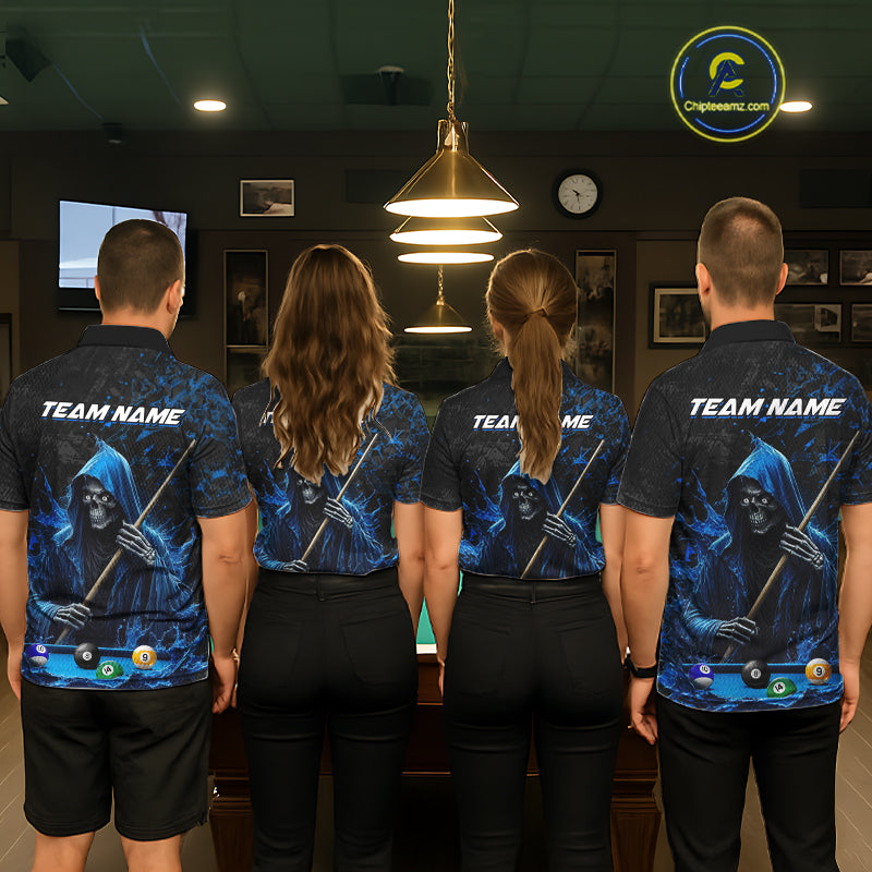Pool Team Wearing Personalized Blue Grim Reaper 8 Ball 9 Ball Custom Billiard Team Jerseys Featuring the Complete Back Artwork, Back View