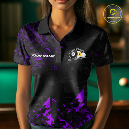 Woman Wearing Personalized Purple Grim Reaper 8 Ball 9 Ball Billiard League Polo Shirt with Comfortable Athletic Fit and Bold Graphic Artwork, Front View