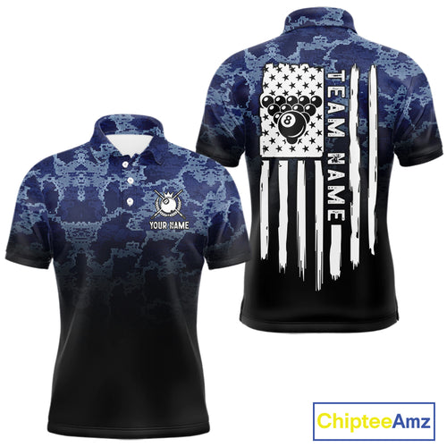 Black And Blue Camo American Flag 8 Ball Billiard Shirt For Men Custom Patriotic Pool Team Jersey TDM5037