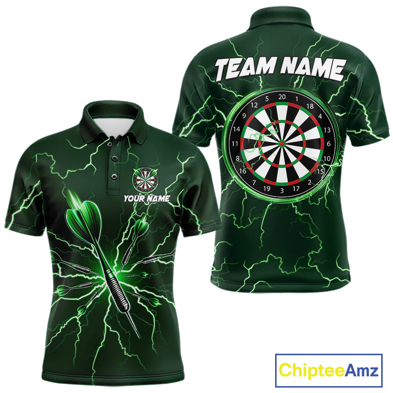 Green Darts Thunder Lightning 3D Dart Polo & Quarter Zip Custom Dart Shirts For Men Dart Jersey TDM3033