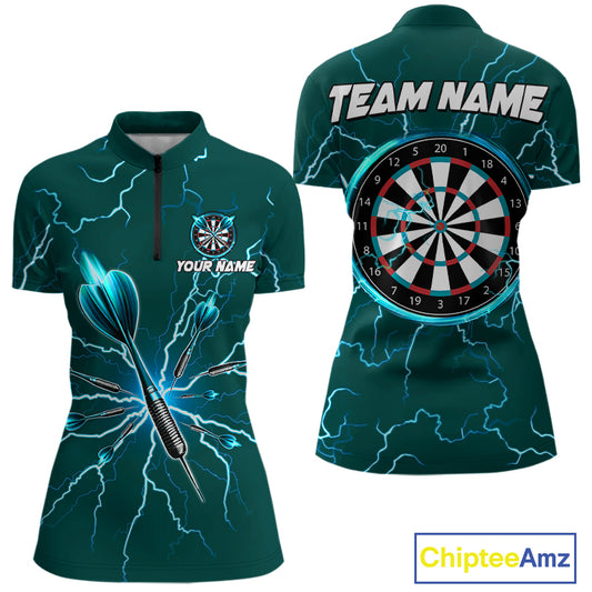 Turquoise Darts Thunder Lightning 3D Dart Polo & Quarter Zip Custom Dart Shirts For Women Dart Jersey TDM3032