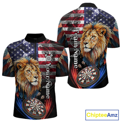 American Flag Smoke Lion Darts Shirt For Men Custom Patriotic Darts Jersey Team Polo, 1/4 Zip TDM5258