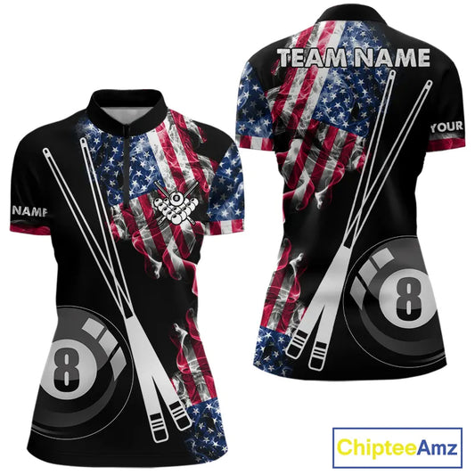 Personalized US Flag Smoke 8 Ball Pool Billiard Shirt For Women Custom Patriotic Billiard Team Jersey TDM5516