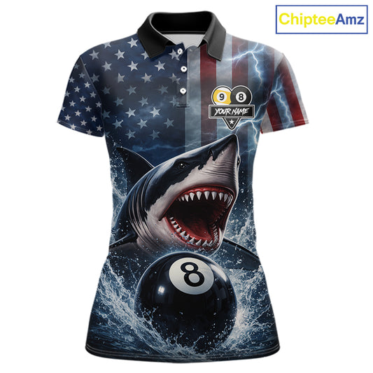 American Flag Shark 8 Ball & 9 Ball Billiard Shirt For Women Custom Lightning Patriotic Pool Jersey TDM5770