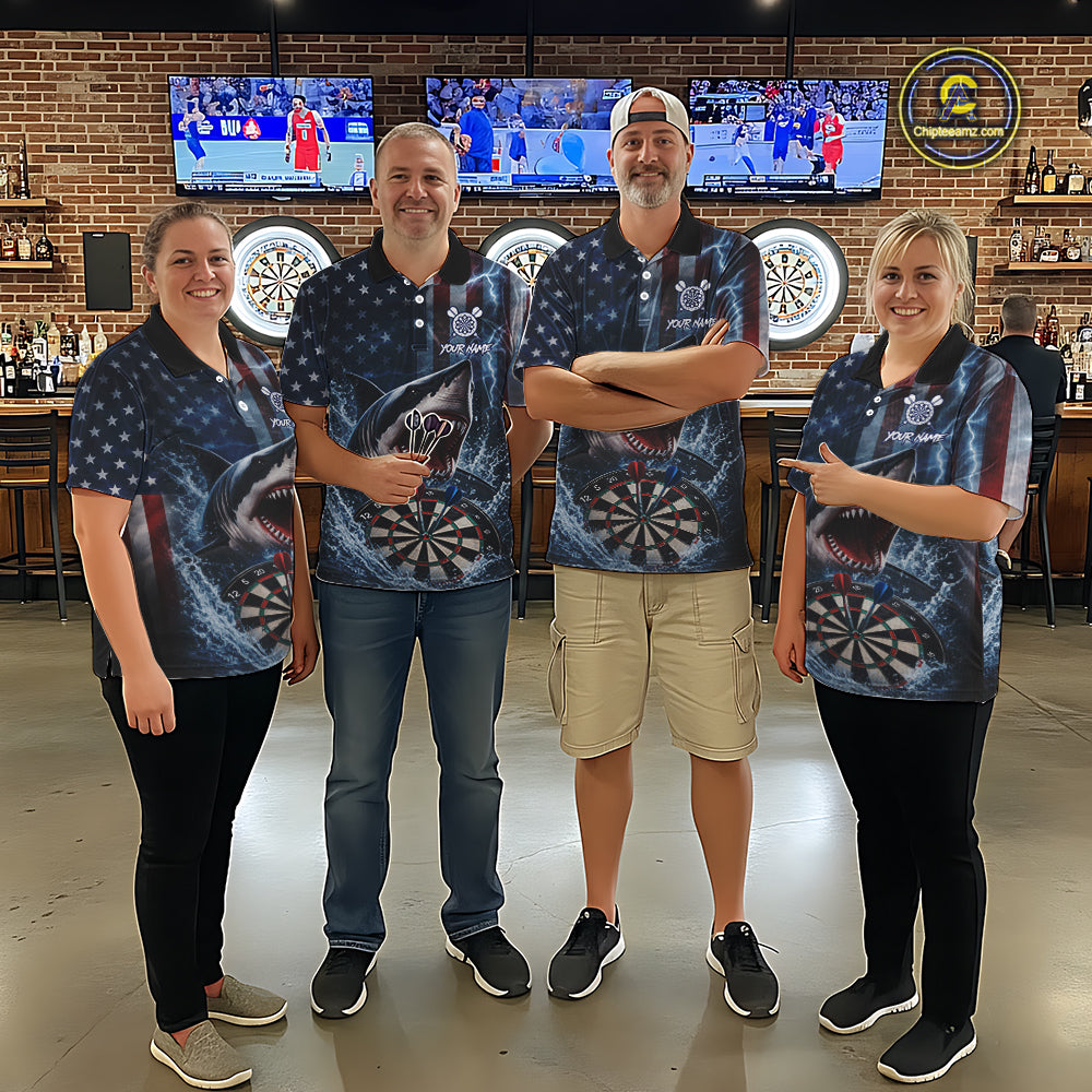 American Flag Shark Darts Shirt For Men Custom Lightning Patriotic Dart Jersey Team Polo & 1/4 Zip TDM5771