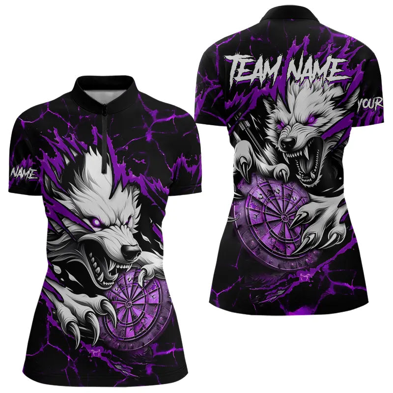 Personalized Wolf Lightning Darts Polo & Quarter Zip Custom Dart Shirts For Women Darts Jersey |Purple TDM3611