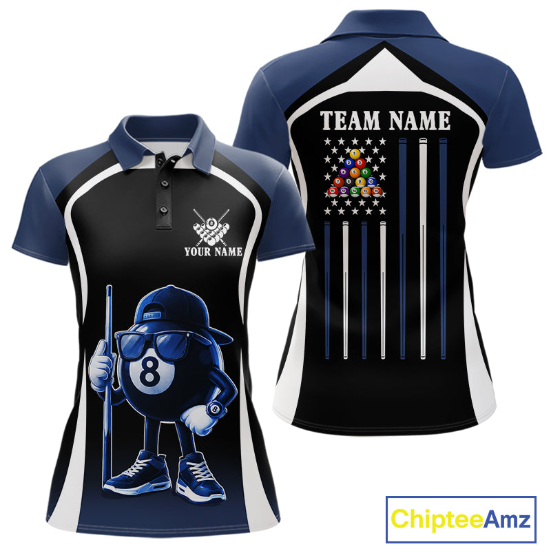 Blue Funny 8 Ball Pool US Flag Billiard Shirt For Women Custom Billiard Team Jersey Polo & 1/4 Zip TDM6365