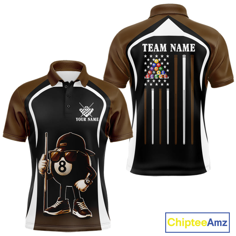 Brown Funny 8 Ball Pool US Flag Billiard Shirt For Men Custom Billiard Team Jersey Polo & 1/4 Zip TDM6366