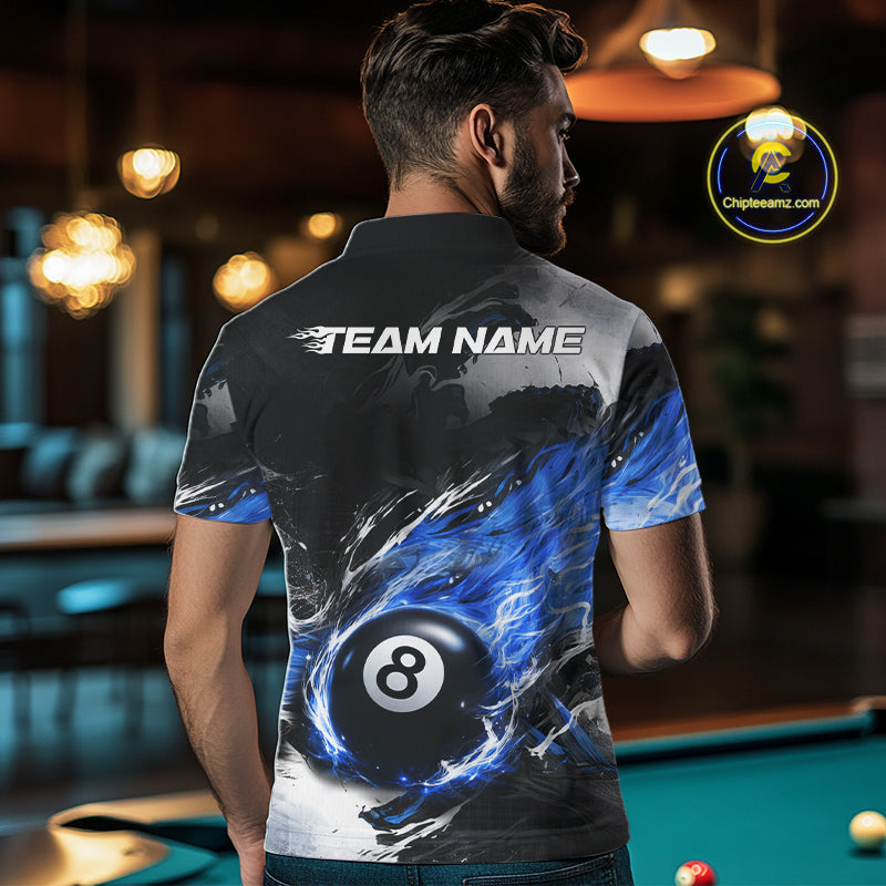 Custom Blue Flaming 8 Ball Pool Billiard Shirt For Men, Billiard Team Jersey Polo & 1/4 Zip TDM6370