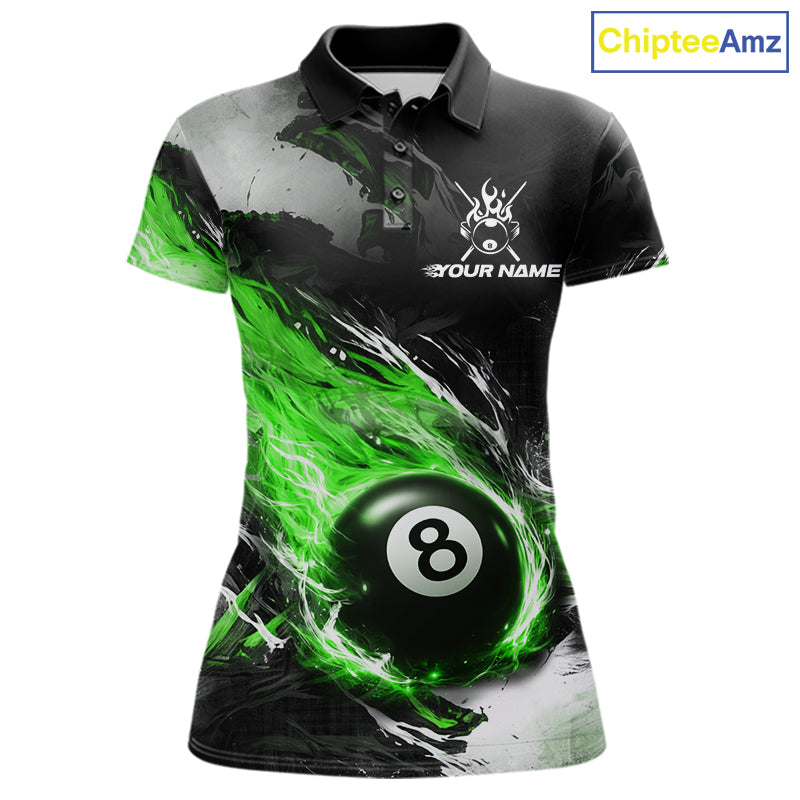 Custom Green Flaming 8 Ball Pool Billiard Shirt For Women, Billiard Team Jersey Polo & 1/4 Zip TDM6371