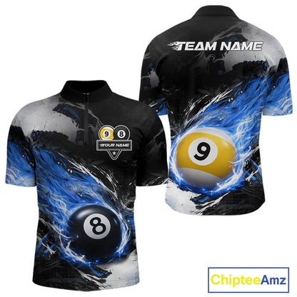 Custom 8 Ball & 9 Ball Pool Blue Flame Billiard Shirt For Men, Billiard Team Jersey Polo & 1/4 Zip TDM6372