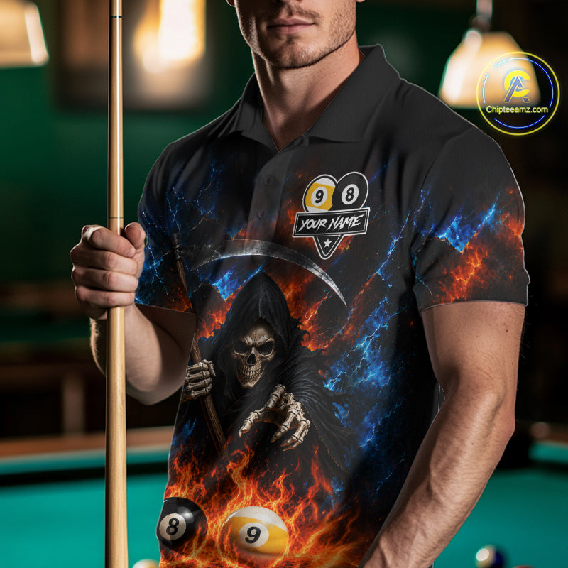 Custom 8 Ball & 9 Ball Fire Grim Reaper Billiard Shirt For Men, Pool Team Jersey Polo & 1/4 Zip TDM6562