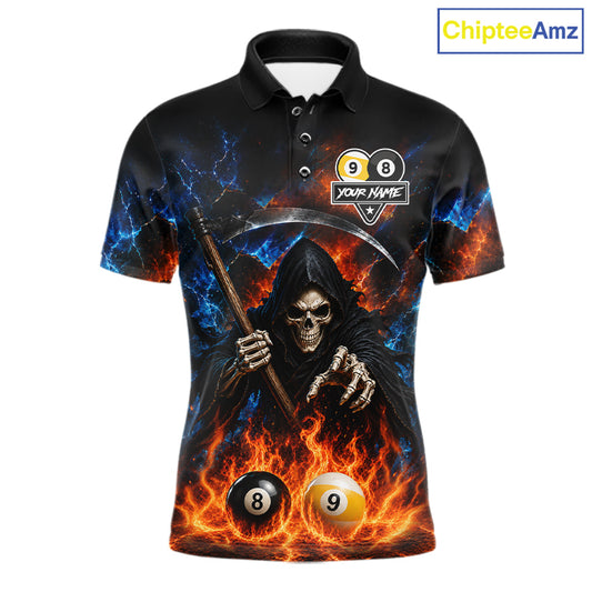 Custom 8 Ball & 9 Ball Fire Grim Reaper Billiard Shirt For Men, Pool Team Jersey Polo & 1/4 Zip TDM6562