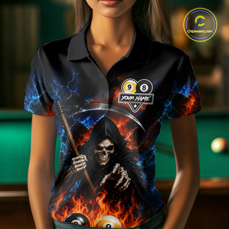 Custom 8 Ball & 9 Ball Fire Grim Reaper Billiard Shirt For Women, Pool Team Jersey Polo & 1/4 Zip TDM6562