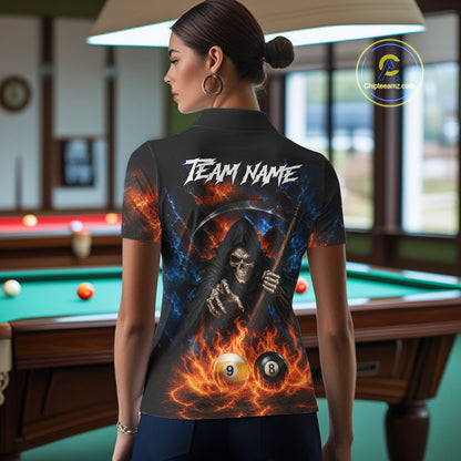 Custom 8 Ball & 9 Ball Fire Grim Reaper Billiard Shirt For Women, Pool Team Jersey Polo & 1/4 Zip TDM6562