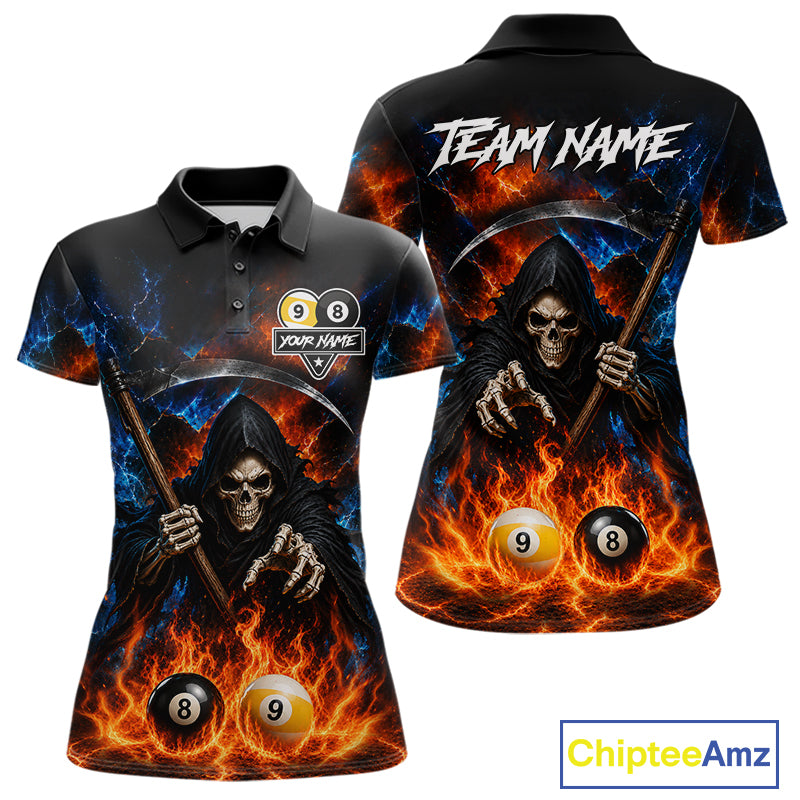 Custom 8 Ball & 9 Ball Fire Grim Reaper Billiard Shirt For Women, Pool Team Jersey Polo & 1/4 Zip TDM6562