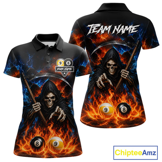 Custom 8 Ball & 9 Ball Fire Grim Reaper Billiard Shirt For Women, Pool Team Jersey Polo & 1/4 Zip TDM6562