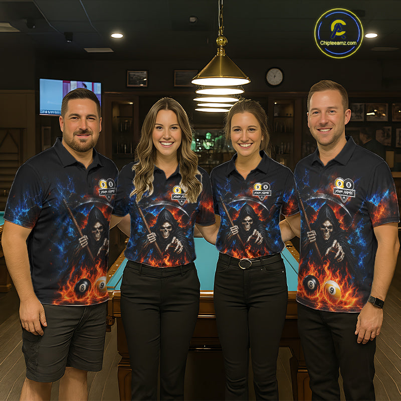 Custom 8 Ball & 9 Ball Fire Grim Reaper Billiard Shirt For Men, Pool Team Jersey Polo & 1/4 Zip TDM6562