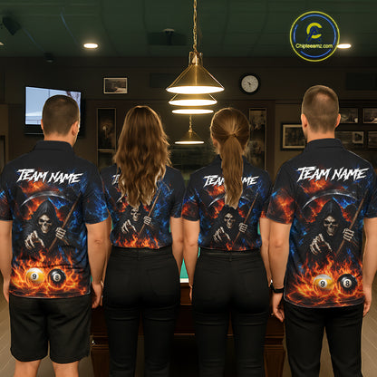 Custom 8 Ball & 9 Ball Fire Grim Reaper Billiard Shirt For Men, Pool Team Jersey Polo & 1/4 Zip TDM6562