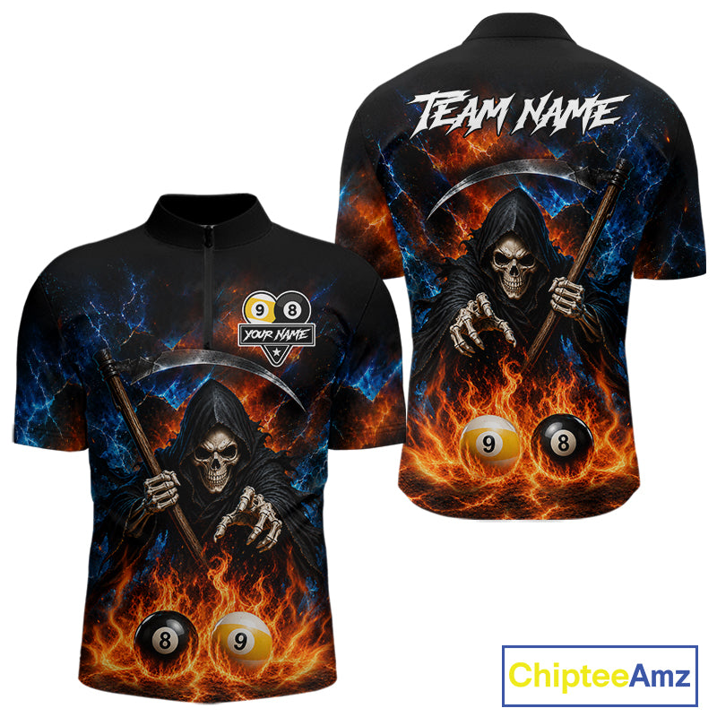 Custom 8 Ball & 9 Ball Fire Grim Reaper Billiard Shirt For Men, Pool Team Jersey Polo & 1/4 Zip TDM6562