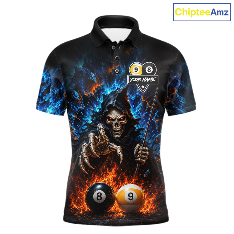 Custom Fire 8 Ball & 9 Ball Grim Reaper Billiard Shirt For Men, Pool Team Jersey Polo & 1/4 Zip TDM6563