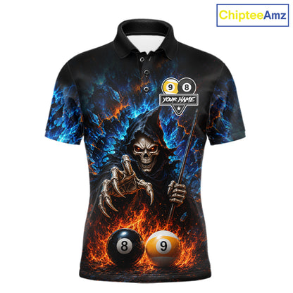 Custom Fire 8 Ball & 9 Ball Grim Reaper Billiard Shirt For Men, Pool Team Jersey Polo & 1/4 Zip TDM6563