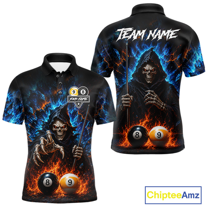 Custom Fire 8 Ball & 9 Ball Grim Reaper Billiard Shirt For Men, Pool Team Jersey Polo & 1/4 Zip TDM6563