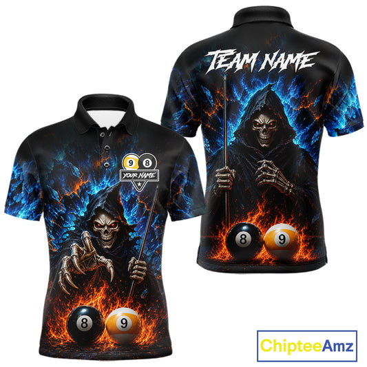 Custom Fire 8 Ball & 9 Ball Grim Reaper Billiard Shirt For Men, Pool Team Jersey Polo & 1/4 Zip TDM6563
