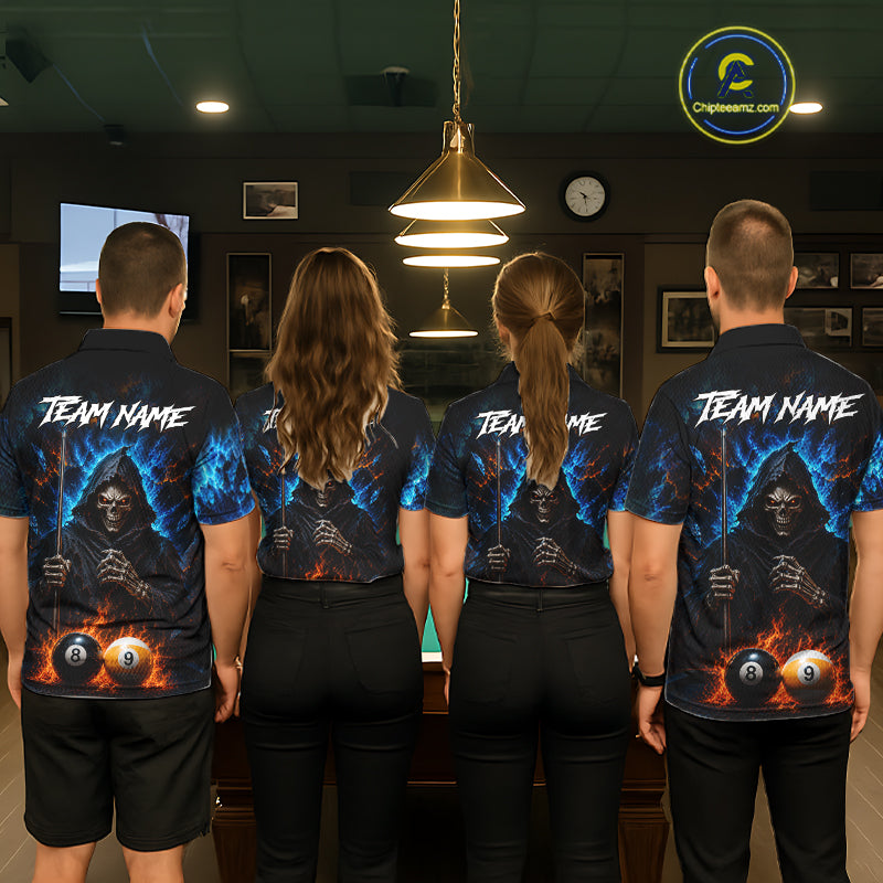 Custom Fire 8 Ball & 9 Ball Grim Reaper Billiard Shirt For Men, Pool Team Jersey Polo & 1/4 Zip TDM6563