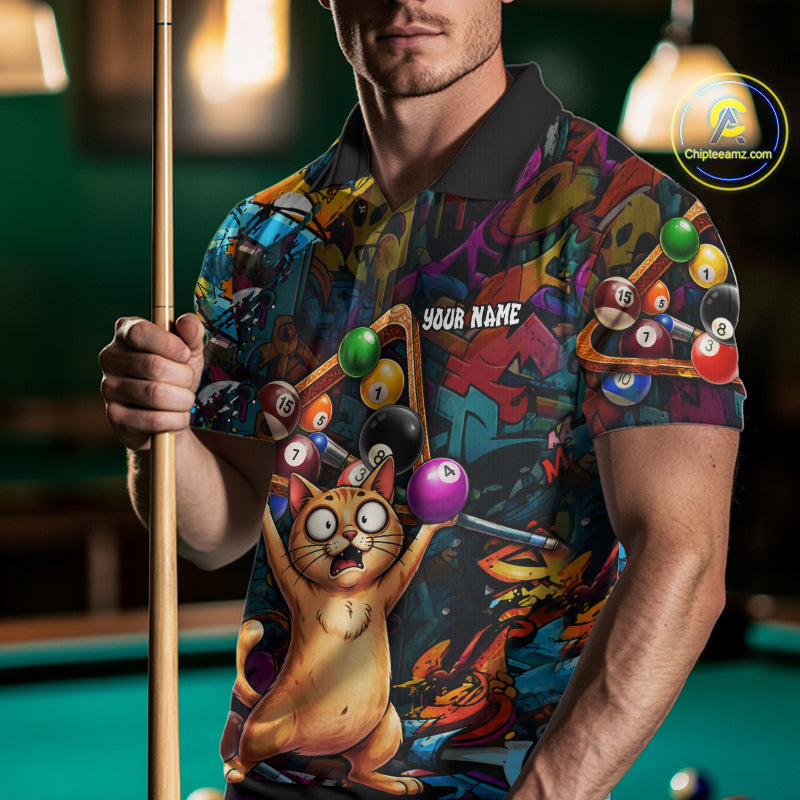 Colorful Billiard Jersey Custom Funny Cat Graffiti Billiard Polo & Quarter Zip Shirts For Men TDM6564