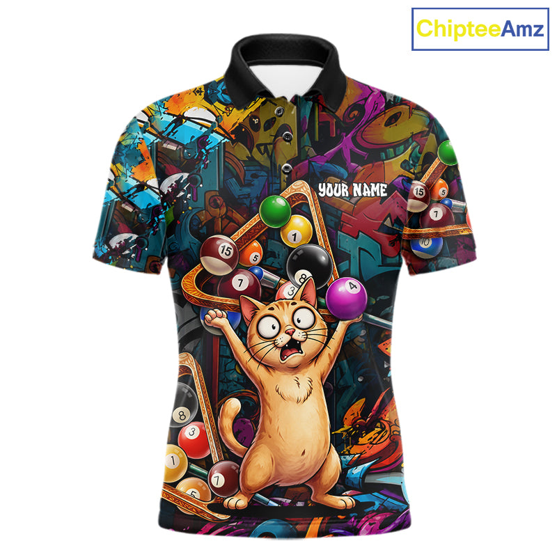 Colorful Billiard Jersey Custom Funny Cat Graffiti Billiard Polo & Quarter Zip Shirts For Men TDM6564