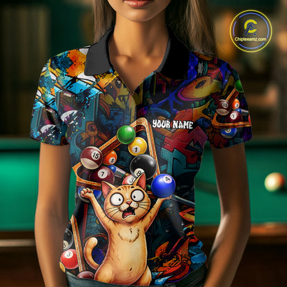 Colorful Billiard Jersey Custom Funny Cat Graffiti Billiard Polo & Quarter Zip Shirts For Women TDM6564