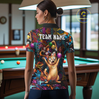 Colorful Billiard Jersey Custom Funny Cat Graffiti Billiard Polo & Quarter Zip Shirts For Women TDM6564