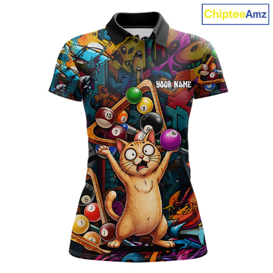 Colorful Billiard Jersey Custom Funny Cat Graffiti Billiard Polo & Quarter Zip Shirts For Women TDM6564