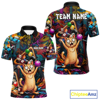 Colorful Billiard Jersey Custom Funny Cat Graffiti Billiard Polo & Quarter Zip Shirts For Men TDM6564