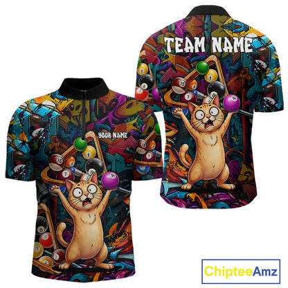 Colorful Billiard Jersey Custom Funny Cat Graffiti Billiard Polo & Quarter Zip Shirts For Men TDM6564