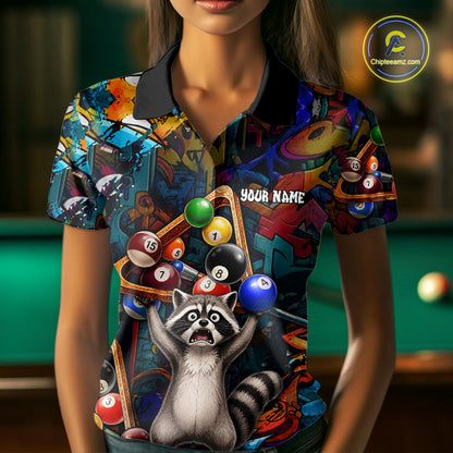 Colorful Billiard Jersey Custom Funny Raccoon Graffiti Billiard Polo & Quarter Zip Shirts For Women TDM6565