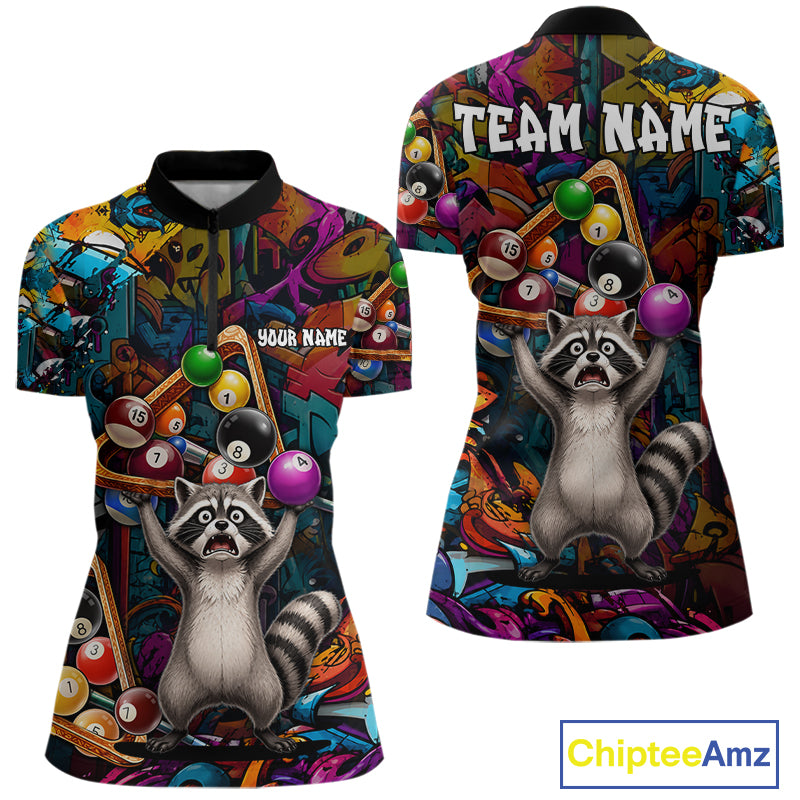 Colorful Billiard Jersey Custom Funny Raccoon Graffiti Billiard Polo & Quarter Zip Shirts For Women TDM6565