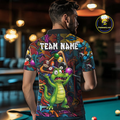 Colorful Billiard Jersey Custom Funny Dinosaur Graffiti Billiard Polo & Quarter Zip Shirts For Men TDM6566