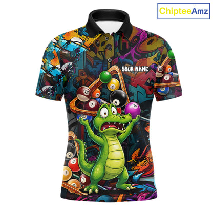 Colorful Billiard Jersey Custom Funny Dinosaur Graffiti Billiard Polo & Quarter Zip Shirts For Men TDM6566