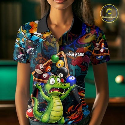 Colorful Billiard Jersey Custom Funny Dinosaur Graffiti Billiard Polo & Quarter Zip Shirts For Women TDM6566